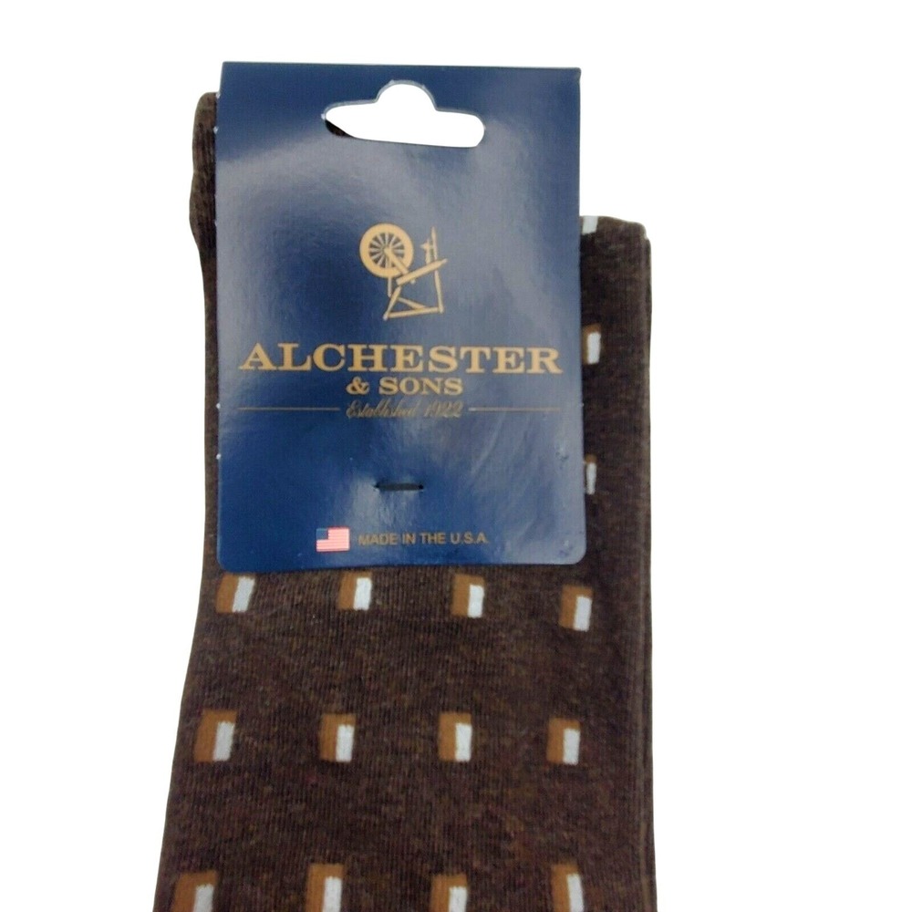 Brown Crew Socks Mens SZ Large Cotton Alchester Clayton Pattern Luxury Dress NEW